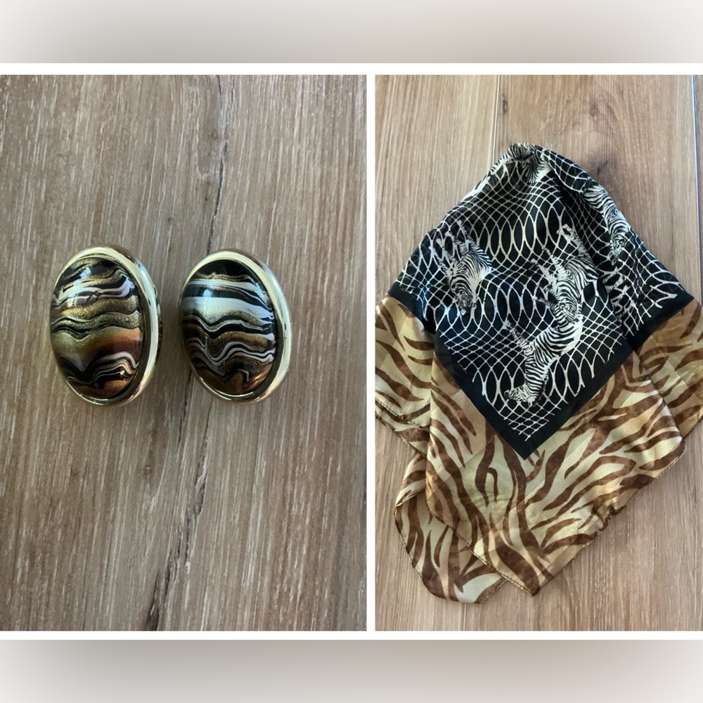 Vintage Symphony Zebra Scarf w/ Clip on Earrings